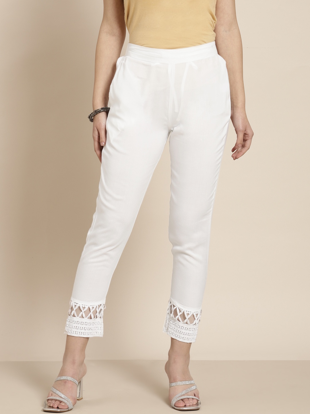 

Juniper Women White Solid Pencil Slim Fit Mid-Rise Cigarette Trousers with Knits Detail