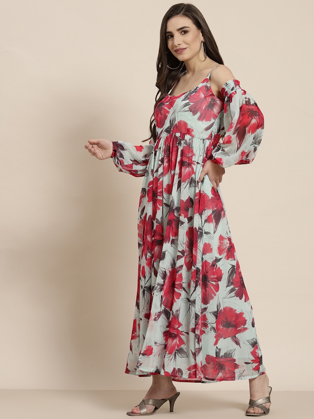 

Juniper Mint Blue & Red Floral Cold-Shoulder Sleeves Pleated Ethnic Fit & Flare Dress