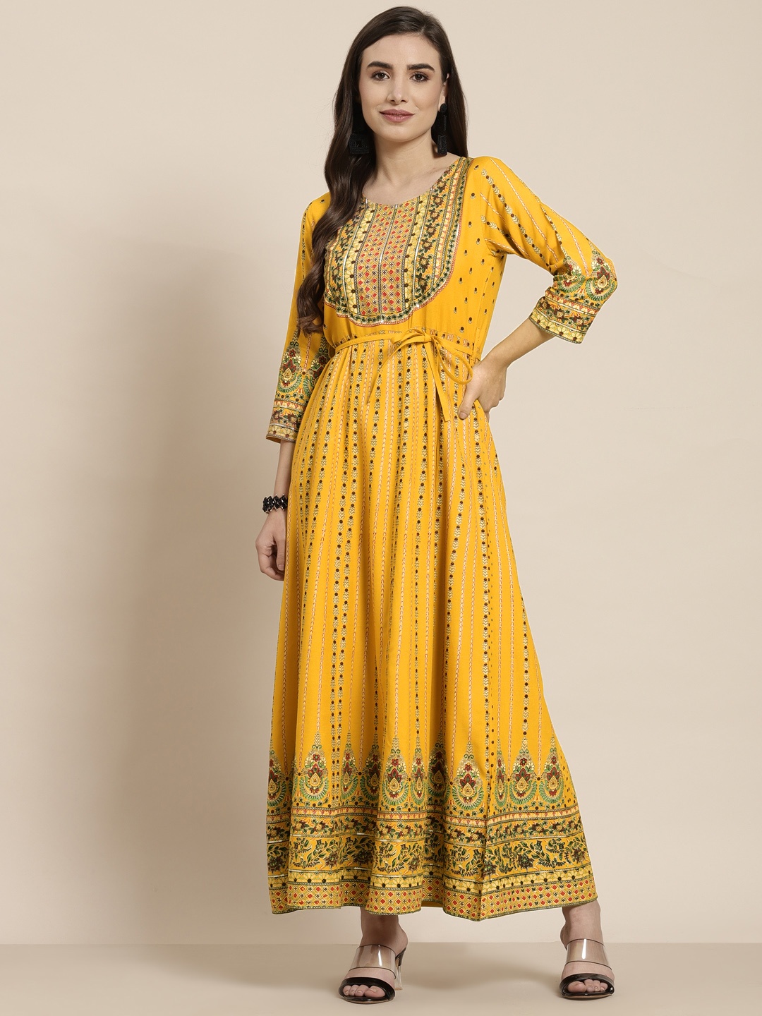 

Juniper Mustard Yellow & Green Ethnic Motifs Printed Round Neck Tie-Ups Liva Maxi Dress