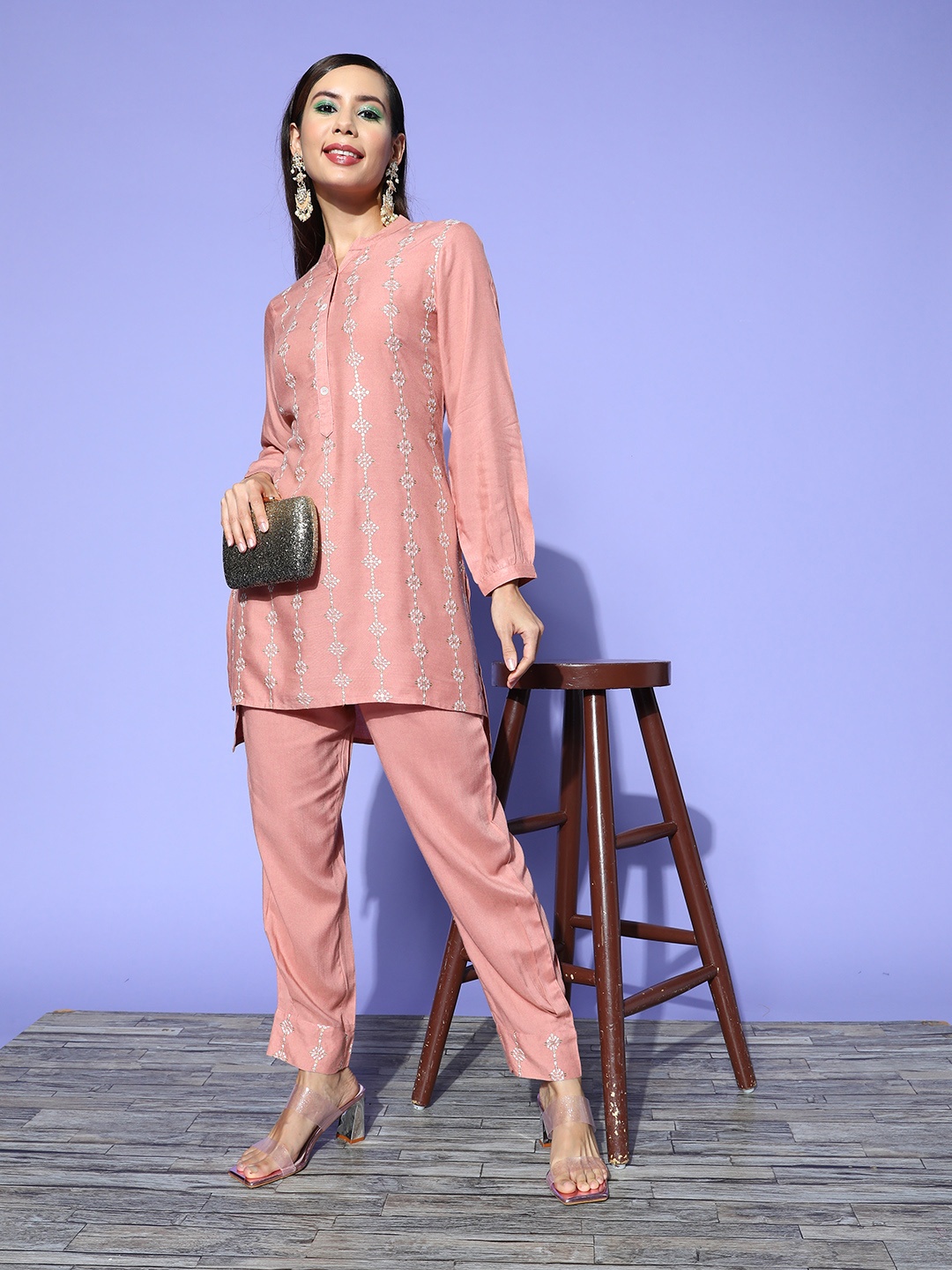 

Juniper Women Onion Pink Ethnic Motifs Embroidered Thread Work Rayon Kurta with Trousers