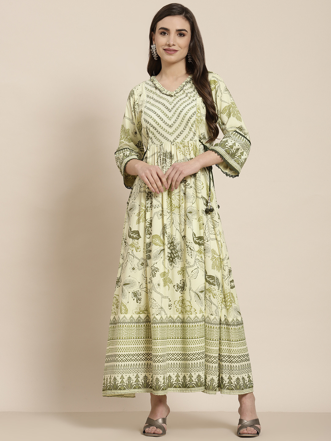 

Juniper Green Ethnic Motifs Printed V-Neck Regular Sleeves Pleated Tie-Ups Liva Maxi Dress