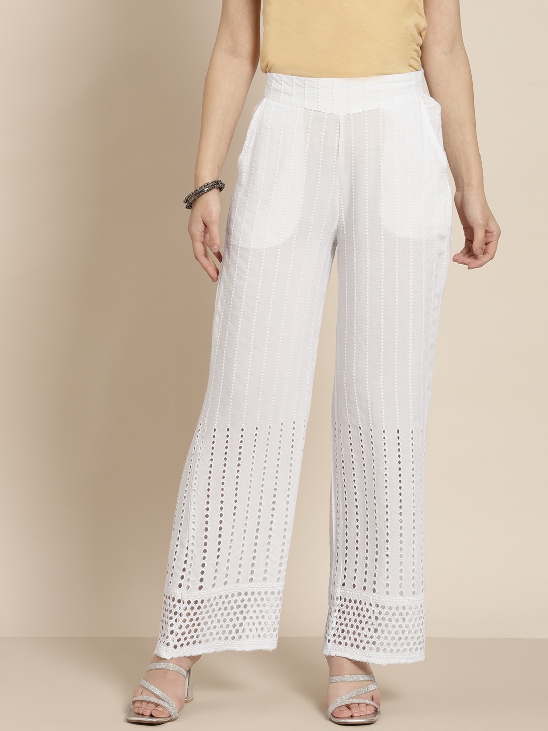 

Juniper Women White Schiffli Geometric Embroidered Flared Rayon Ethnic Palazzos