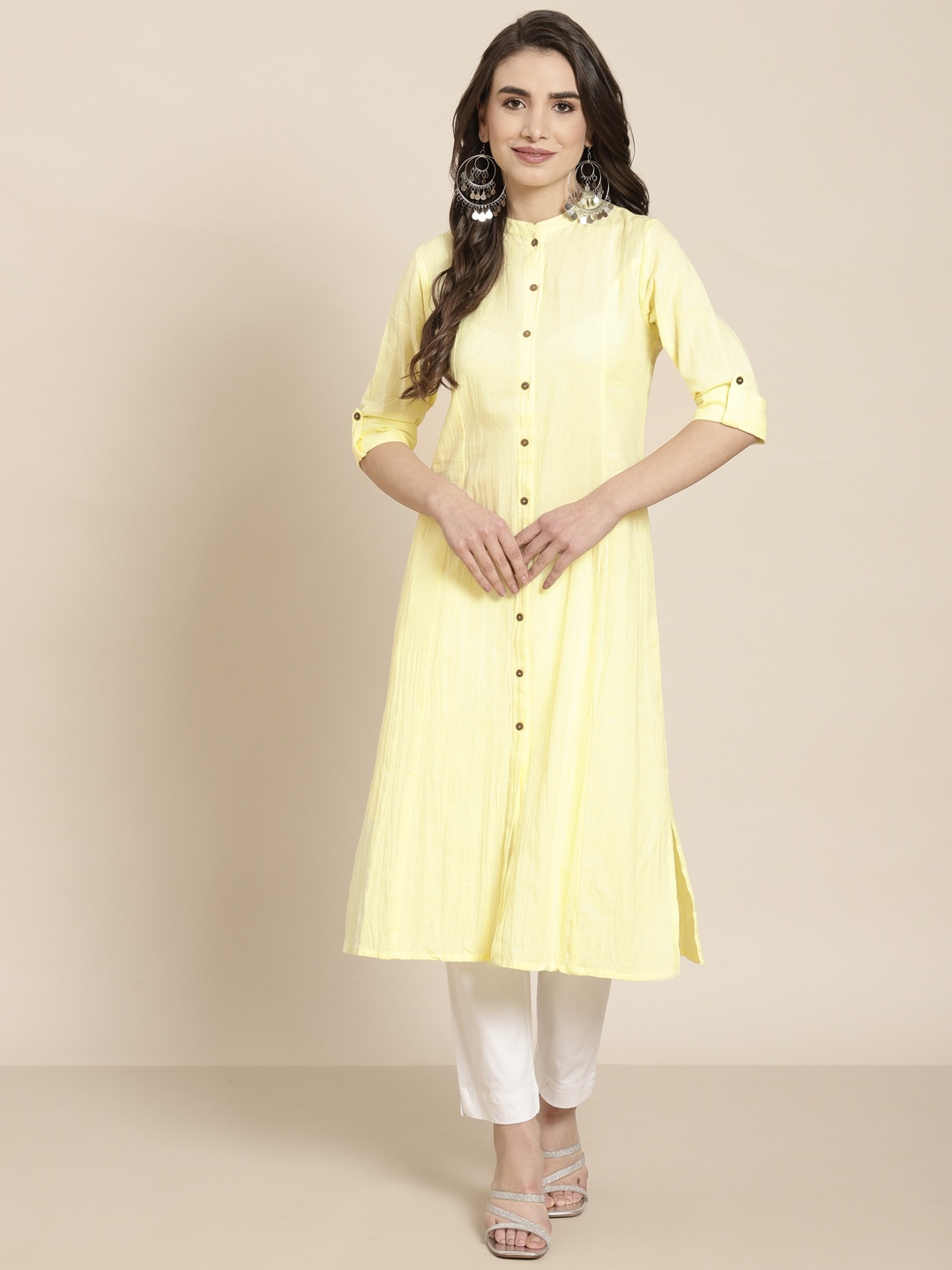 

Juniper Women Yellow Solid Mandarin Collar Roll-Up Sleeves Panelled A-Line Kurta