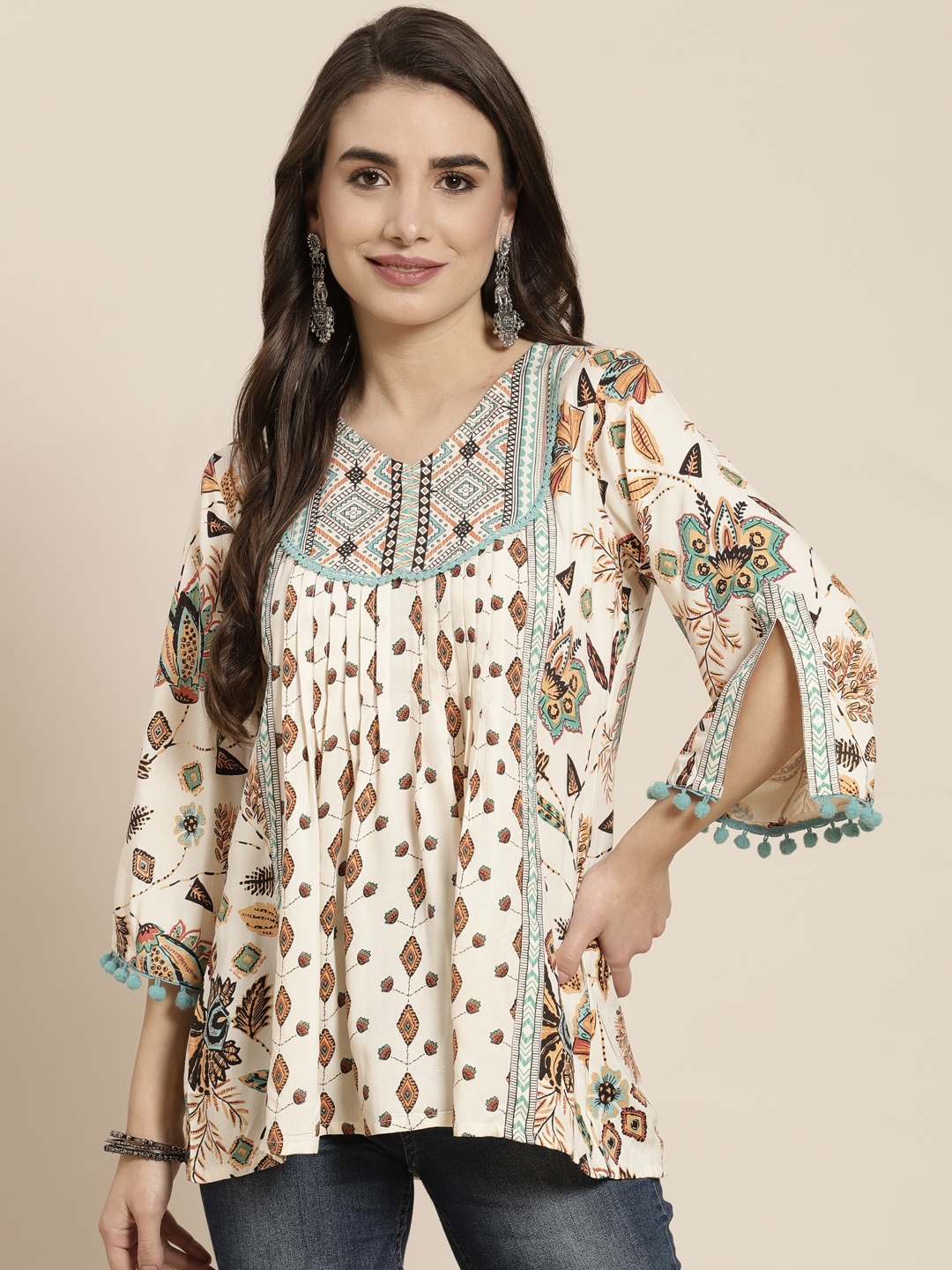 

Juniper Women Off White & Orange Viscose Rayon V-Neck Ethnic Motifs Printed Gathers Tunic