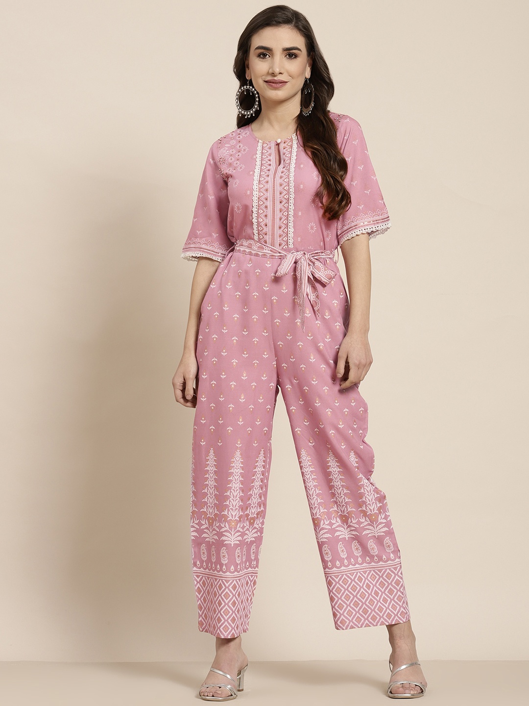 

Juniper Pink & Off-White Printed Embellished Basic Jumpsuit