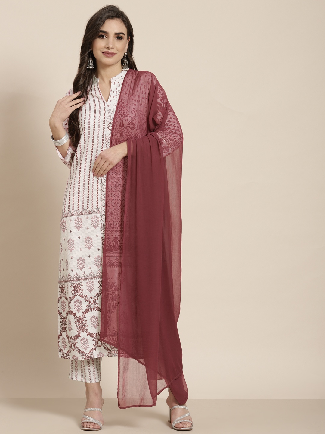 

Juniper Women White & Maroon Ethnic Motifs Printed Rayon Kurta with Trousers & Dupatta