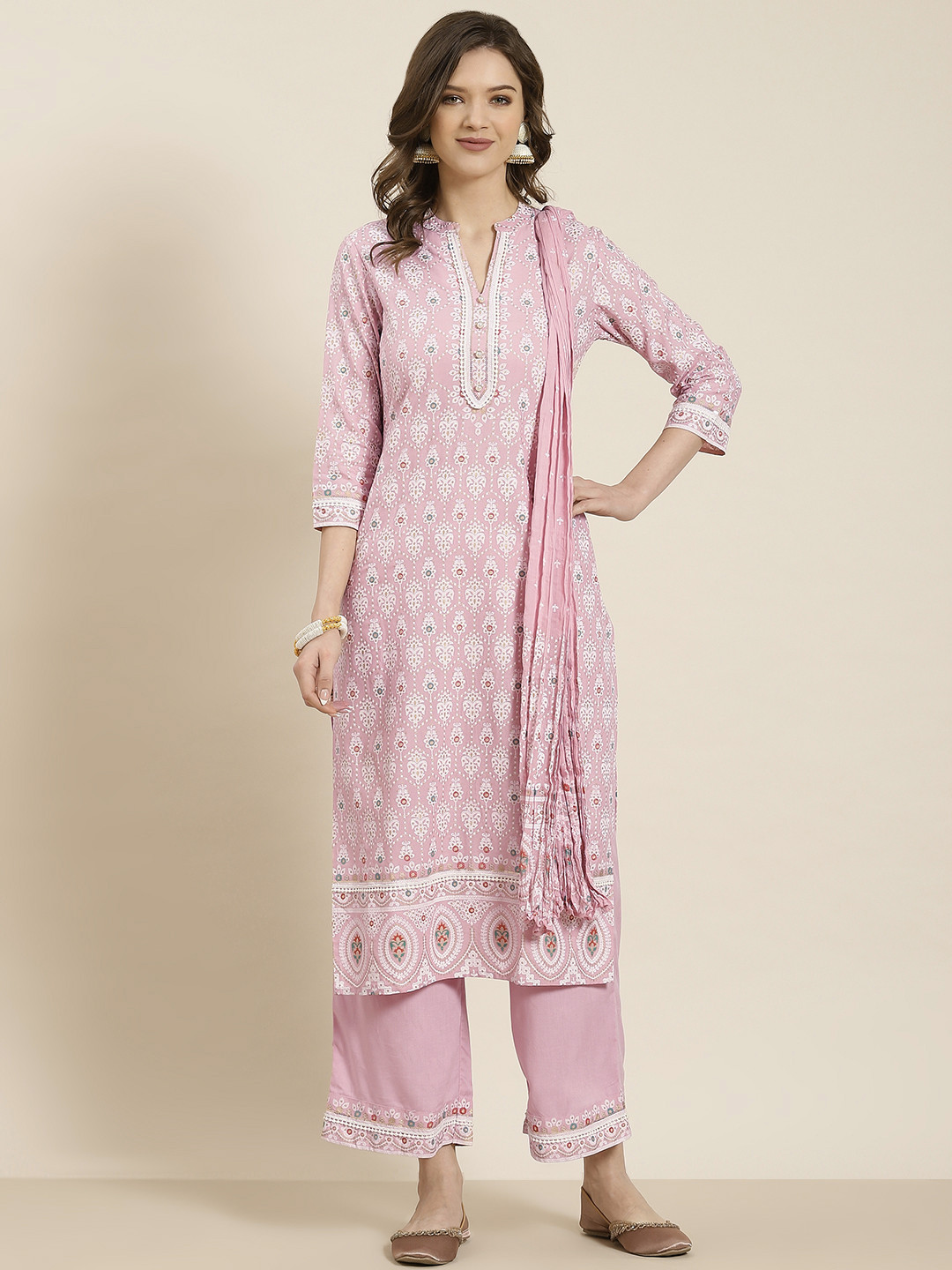 

Juniper Women Pink Ethnic Motifs Printed Kurta with Palazzos & With Dupatta