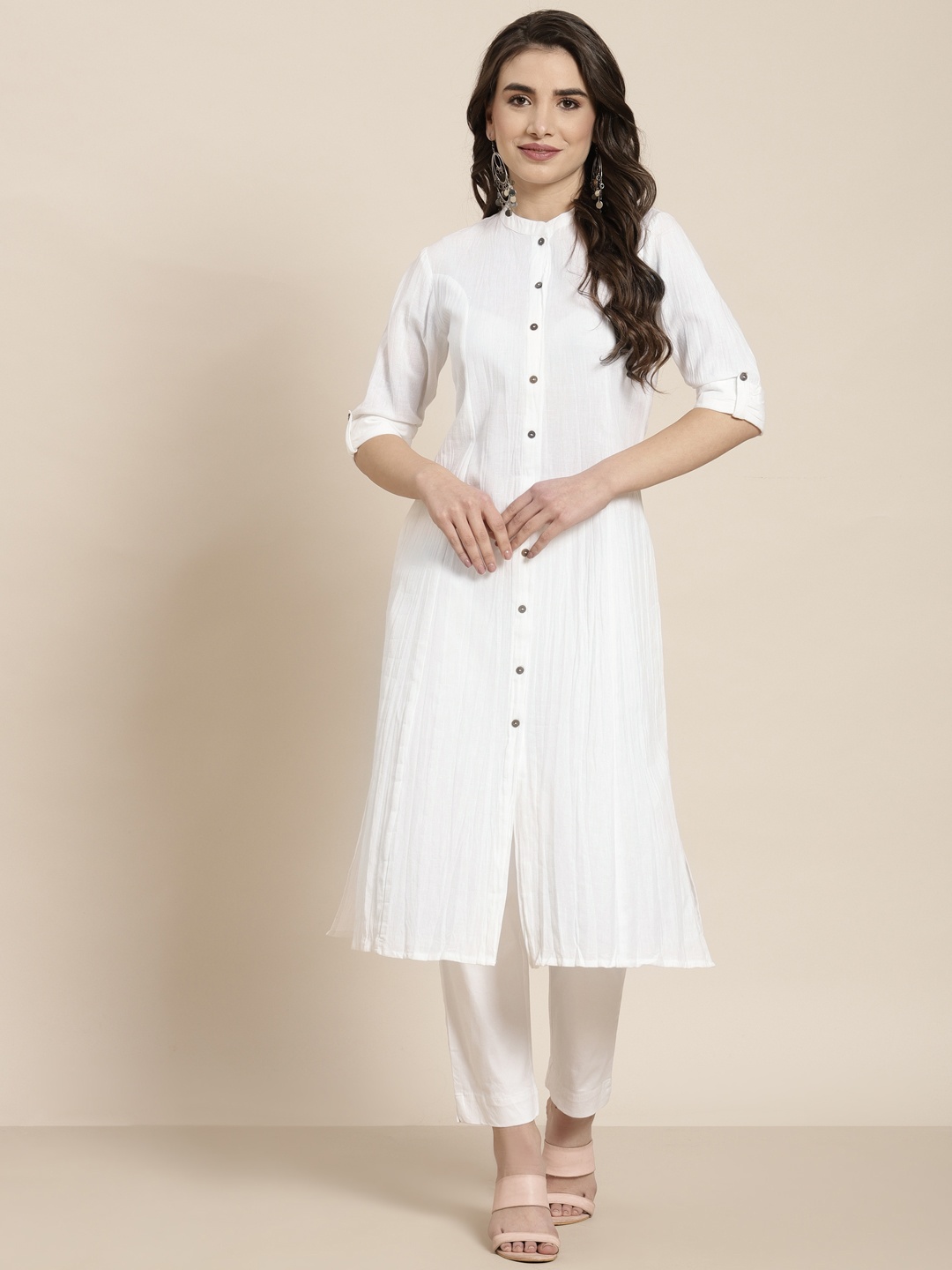 

Juniper Women White Solid Mandarin Collar Roll-Up Sleeves White Romance A-Line Kurta