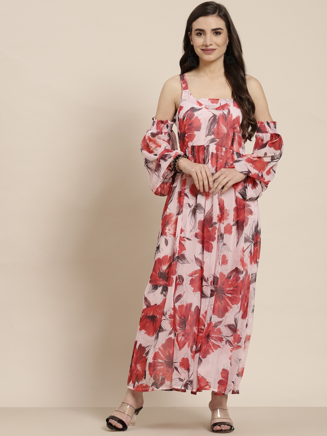 

Juniper Pink & Red Floral Printed Cold-Shoulder Sleeves Pleated Chiffon Ethnic Maxi Dress