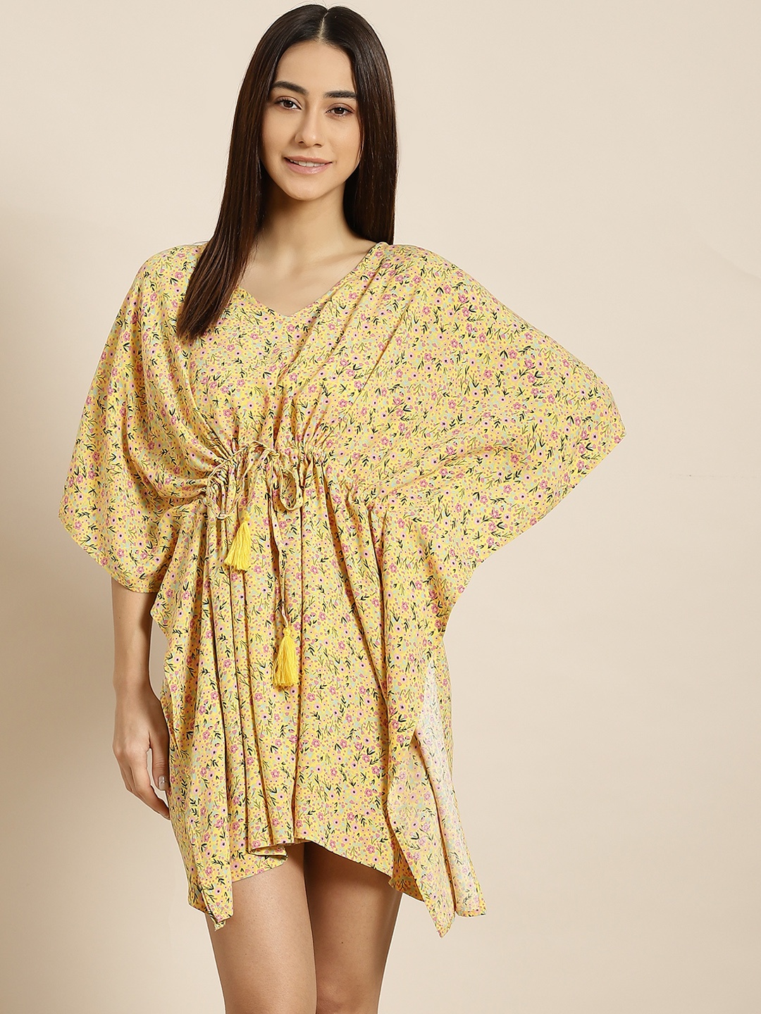 

ADORENITE Yellow Floral Printed Nightdress