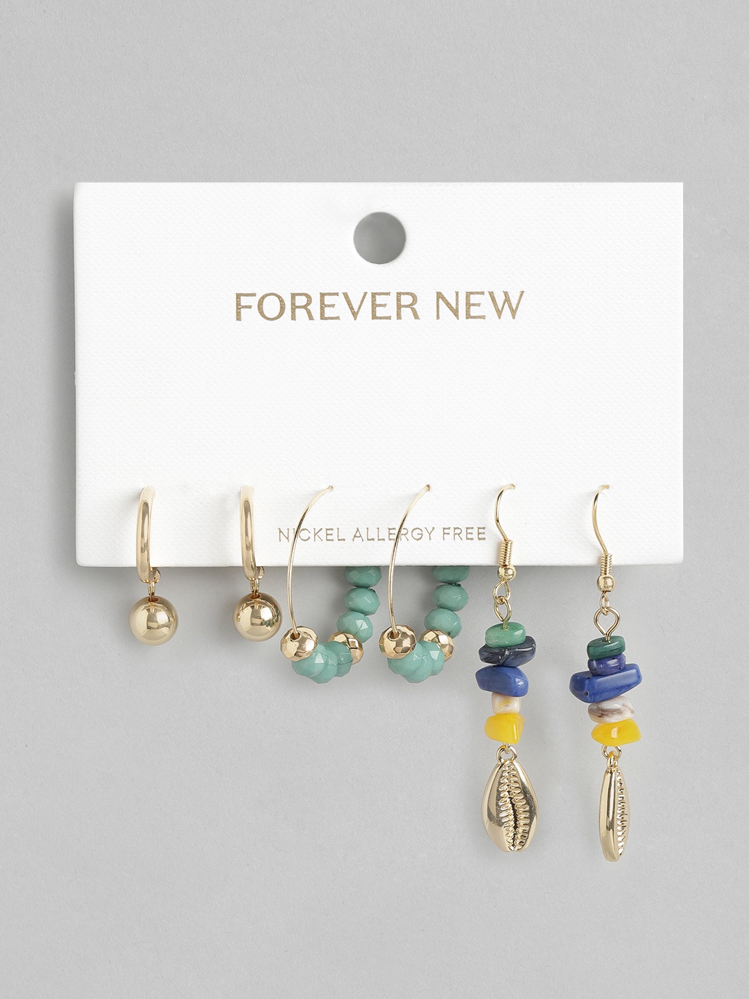 

Forever New Pack Of 3 Gold-Plated & Sea Green Nicolette Bead & Shell Drop Earrings