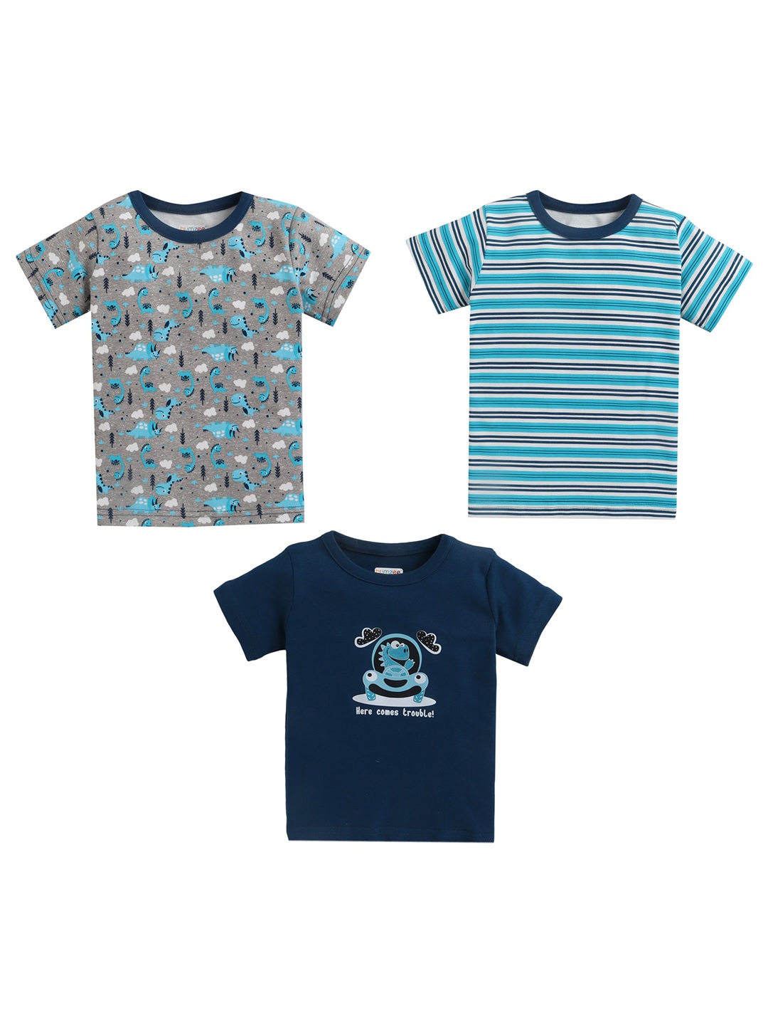 

BUMZEE Infant Boys Pack Of 3 Cotton Printed T-shirts, Navy blue