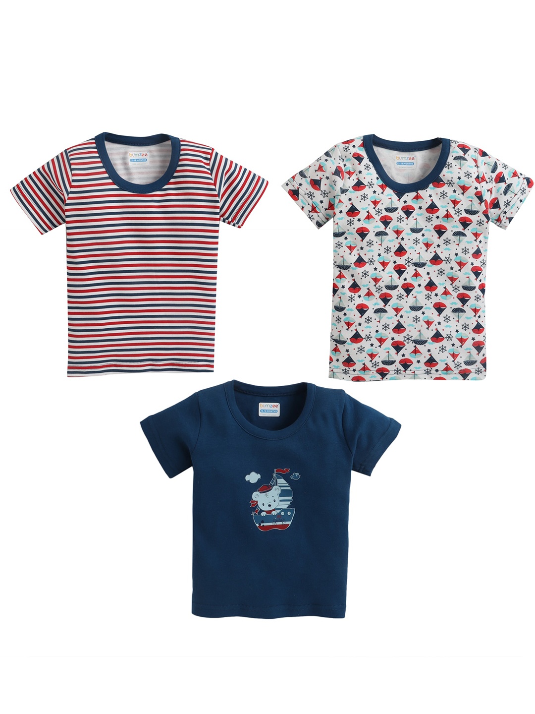 

BUMZEE Boys Pack of 3 Navy Blue & White Printed Cotton T-shirt