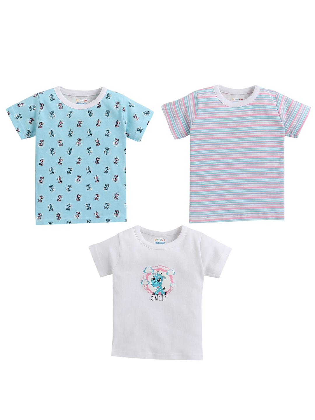 

BUMZEE Girls Blue & Grey Pack Of 3 Printed T-shirts
