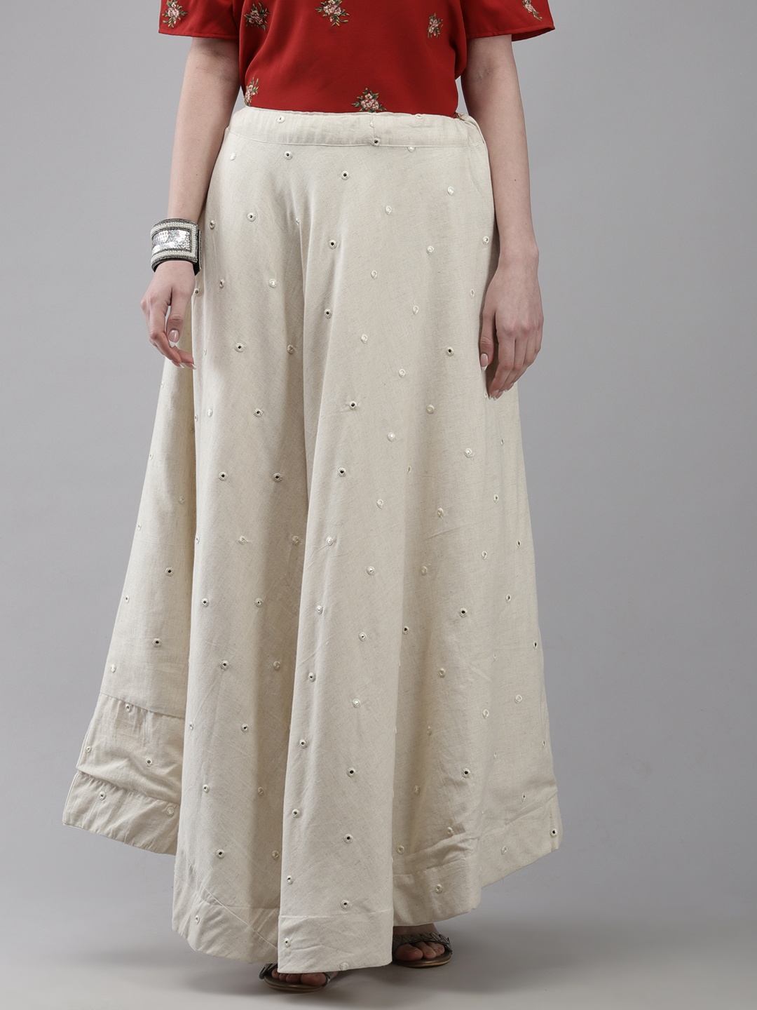 

Ishin Women Off White Khadi Cotton Mirror Work Flared Maxi Skirt