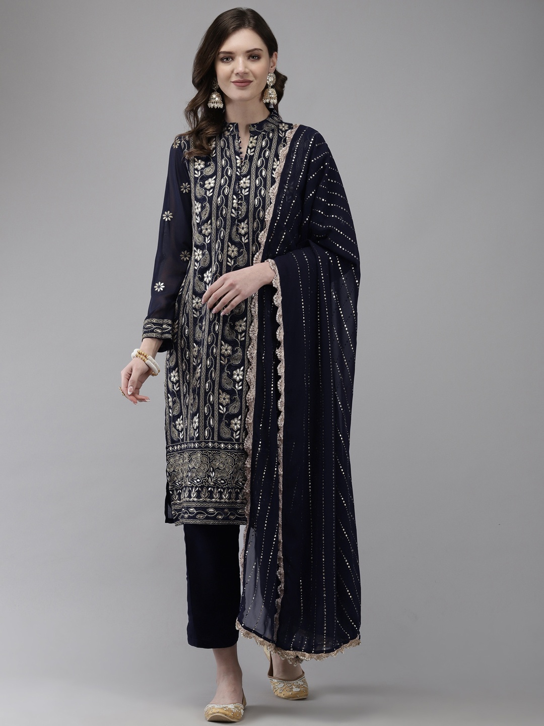 

Ishin Women Navy Blue Floral Embroidered Kurta with Trousers & With Dupatta