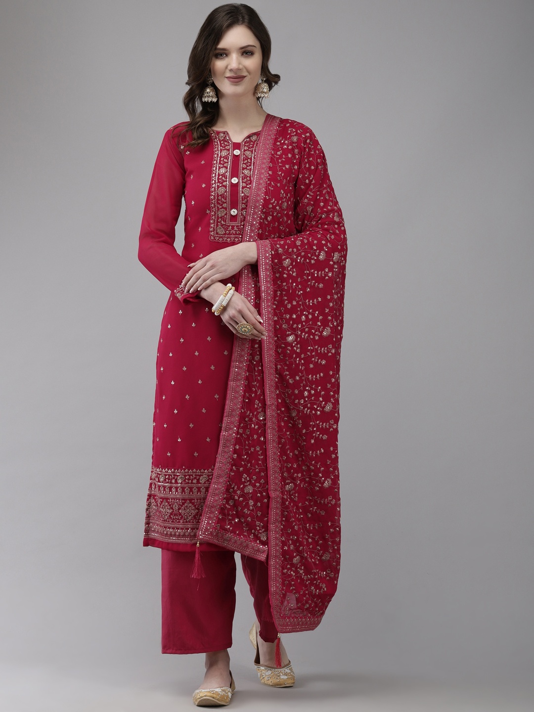 

Ishin Women Red Floral Embroidered Sequinned Kurta with Palazzos & With Dupatta