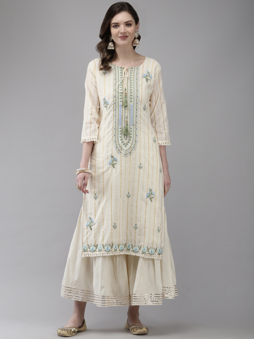 

Ishin Women Off White Floral Embroidered Thread Work Kurta with Sharara