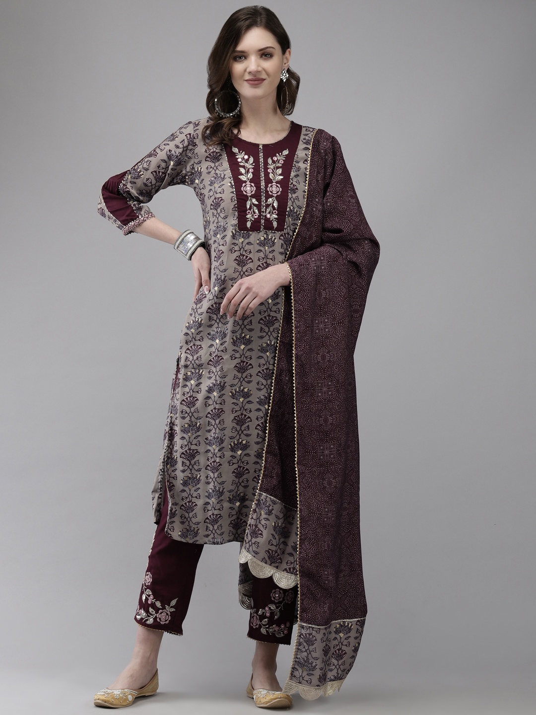

Ishin Women Grey Floral Embroidered Beads and Stones Kurta with Trousers & With Dupatta