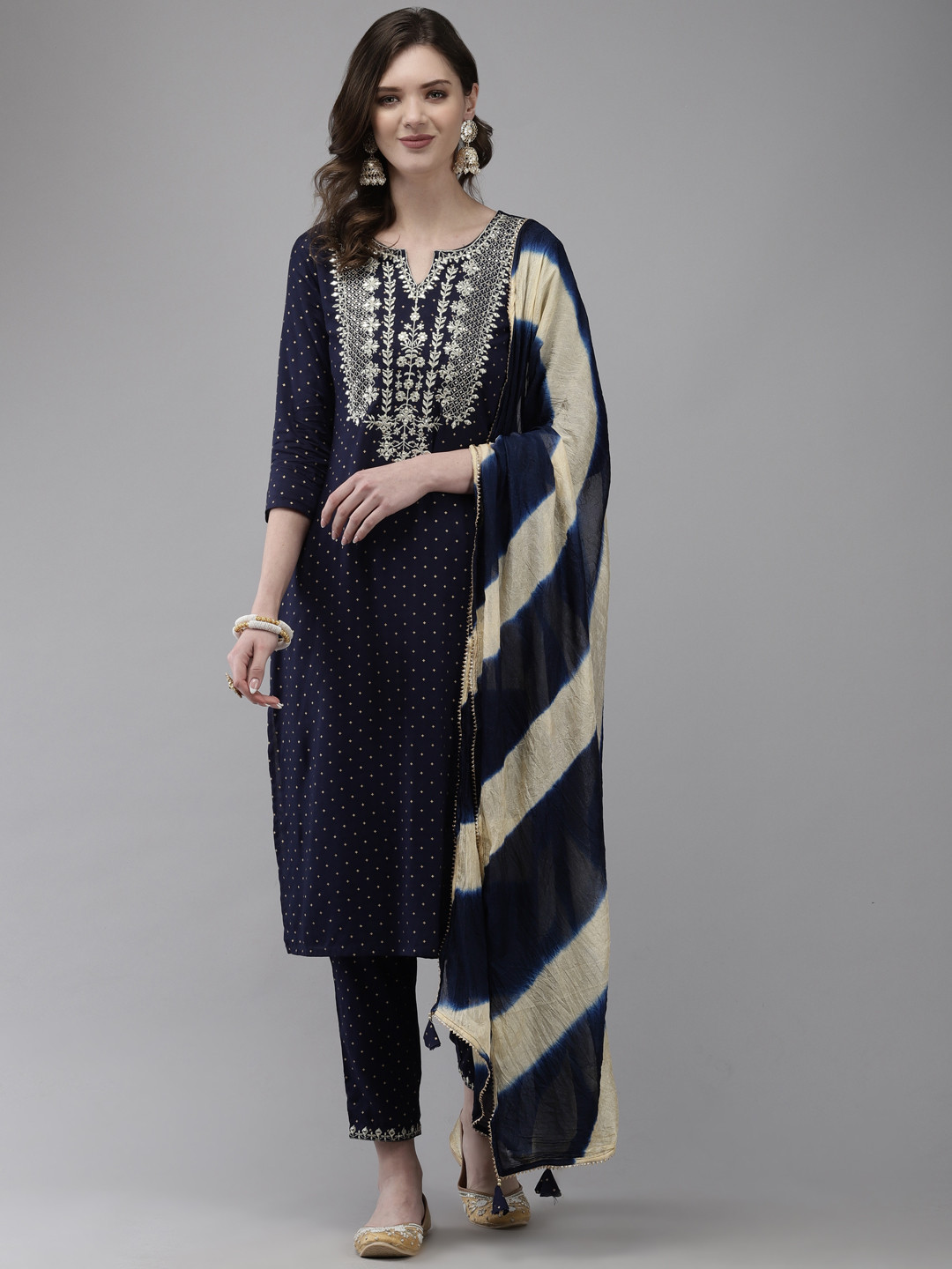 

Ishin Women Navy Blue Floral Embroidered Kurta with Trousers & With Dupatta