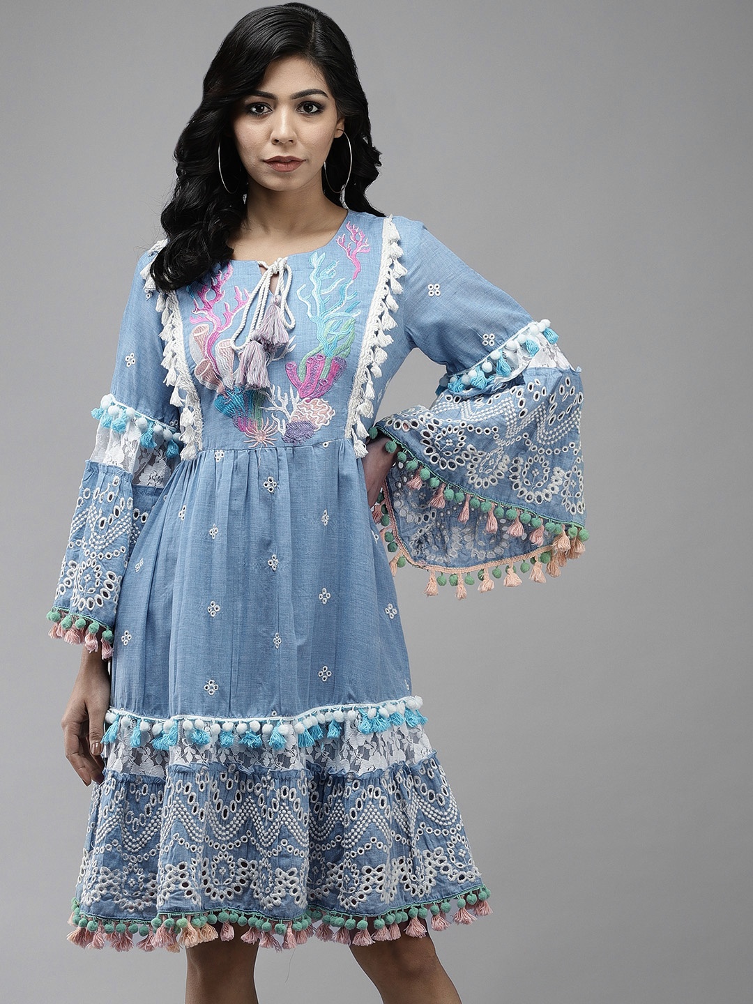 

Ishin Blue Floral Schiffli Embroidered Cotton A-Line Dress