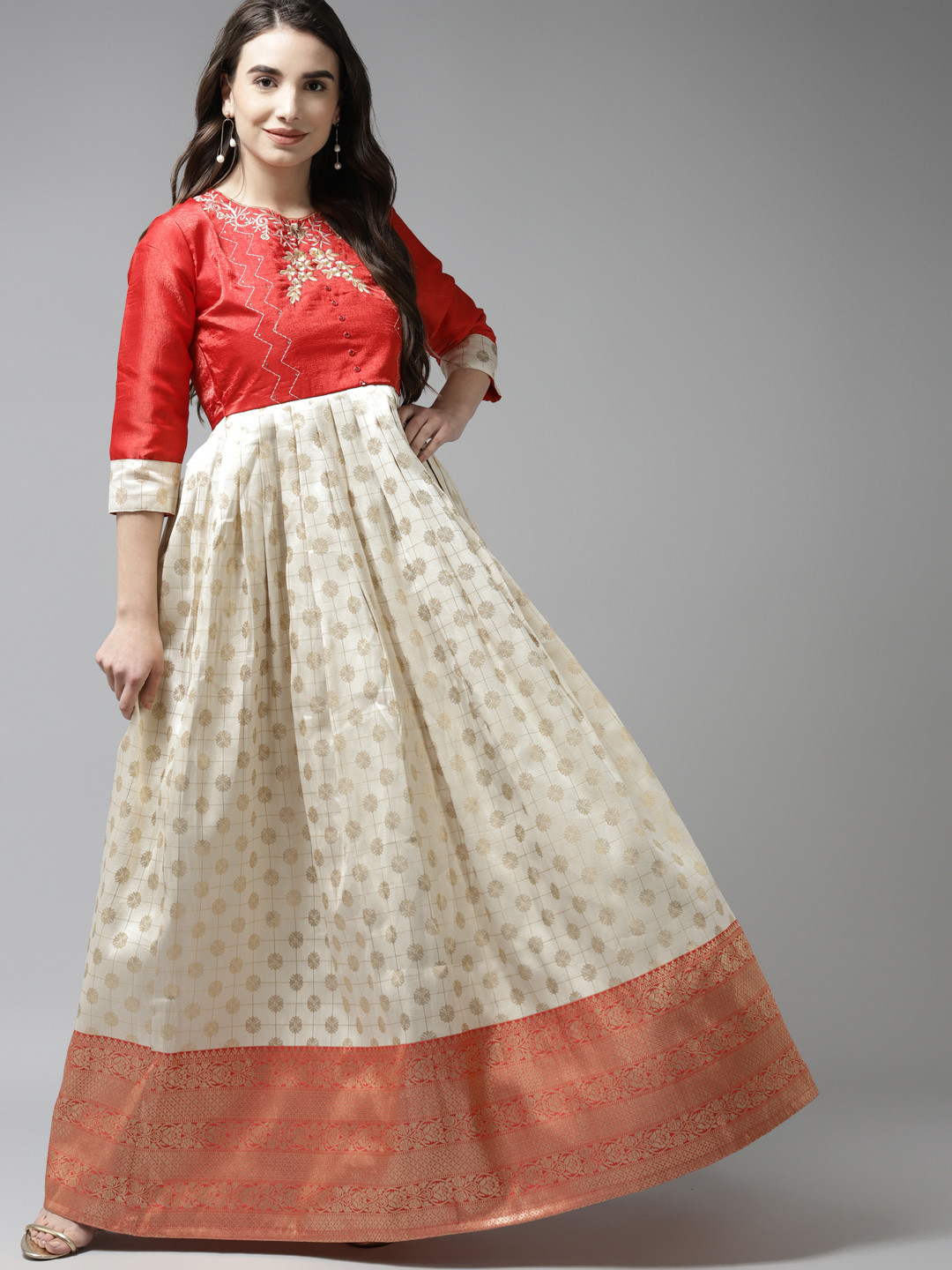 

Ishin Women Red & Off White Ethnic Motifs Embroidered Indie Prints Anarkali Kurta