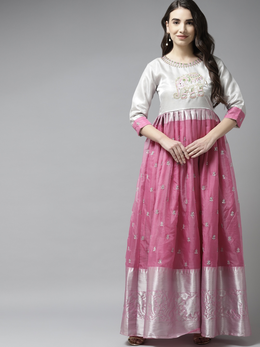 

Ishin Women Grey & Pink Embroidered Indie Prints Anarkali Kurta