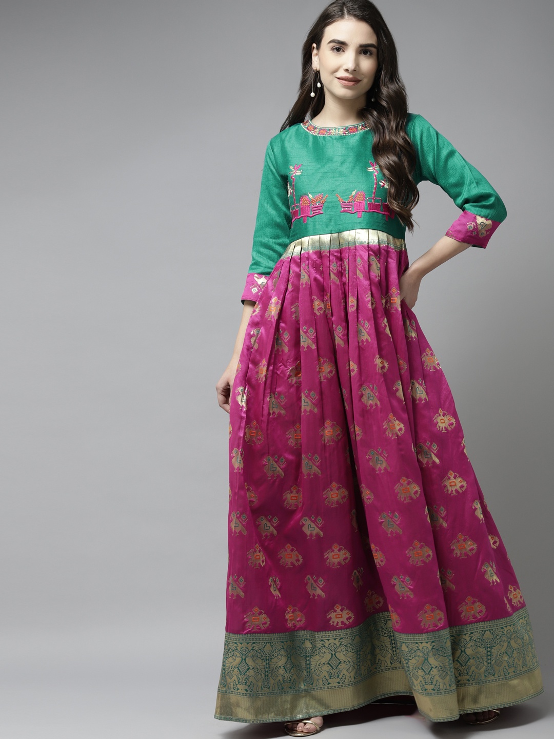 

Ishin Women Green & Pink Ethnic Motifs Embroidered Indie Prints Anarkali Kurta