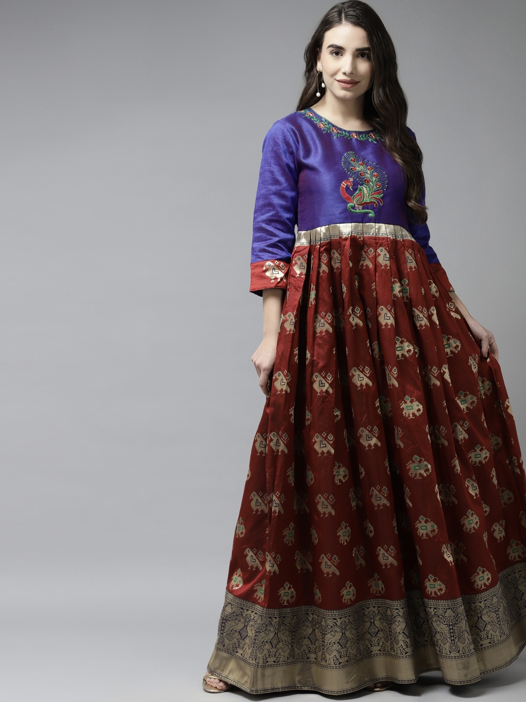 

Ishin Women Blue & Maroon Ethnic Motifs Embroidered Indie Prints Anarkali Kurta