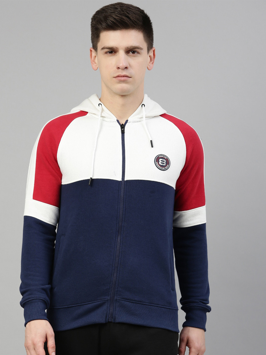 

Proline Men Navy Blue & White Colourblocked Hooded Sweatshirt