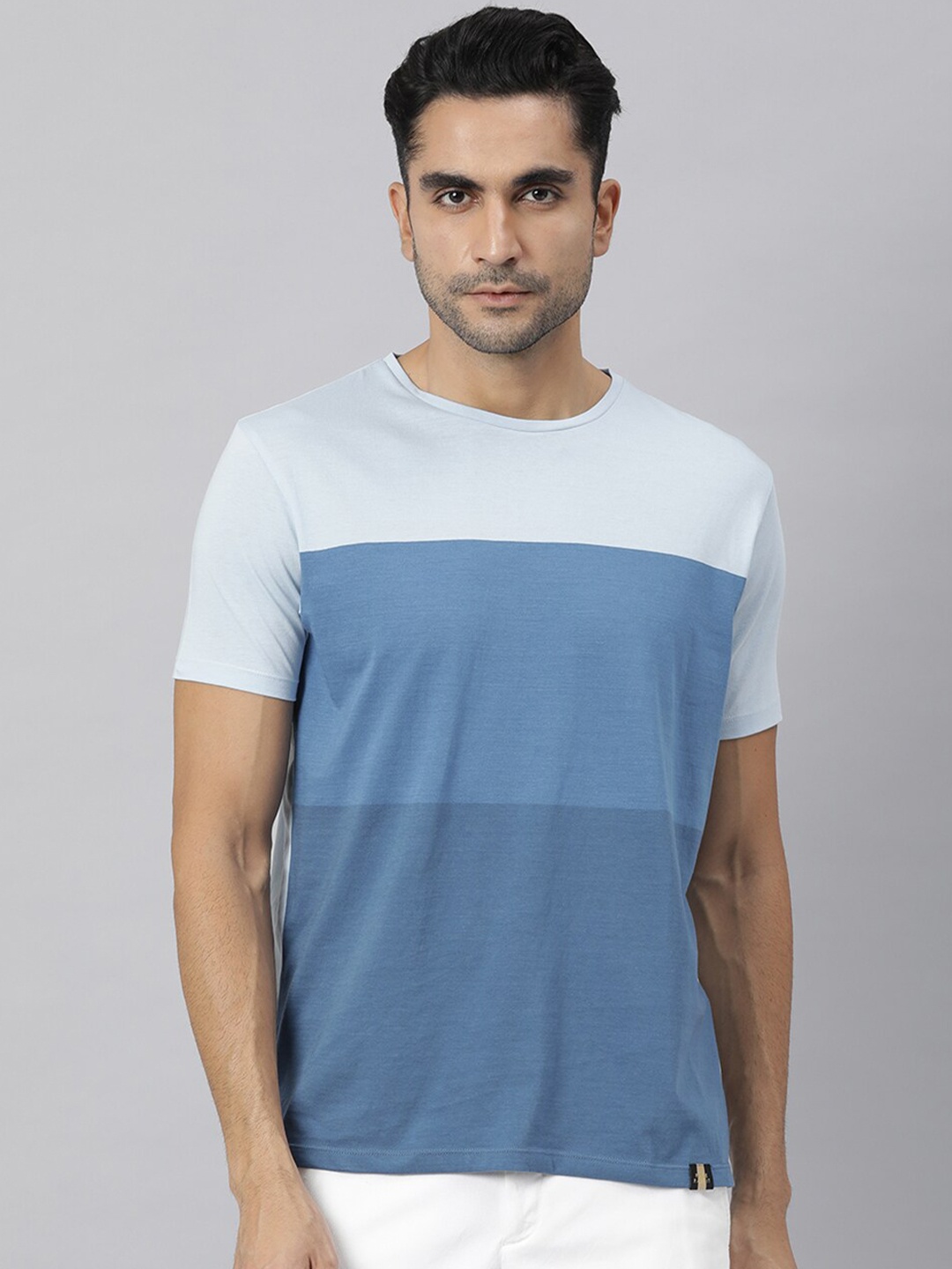 

RARE RABBIT Men Chevy Colourblocked Pure Cotton Slim Fit T-Shirt, Blue