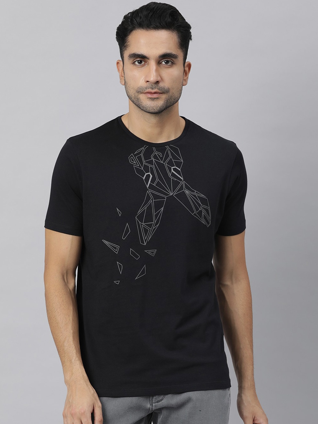 

RARE RABBIT Men Black Printed Pure Cotton Slim Fit T-shirt