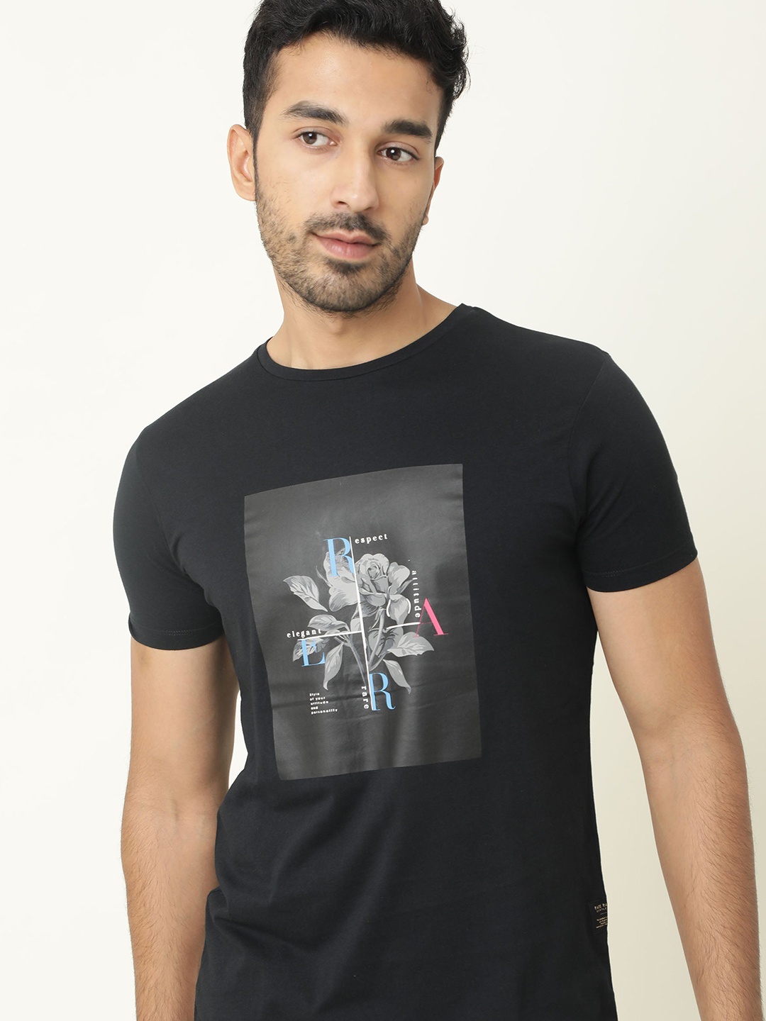 

RARE RABBIT Men Ponk Printed Pure Cotton Slim Fit T-Shirt, Black