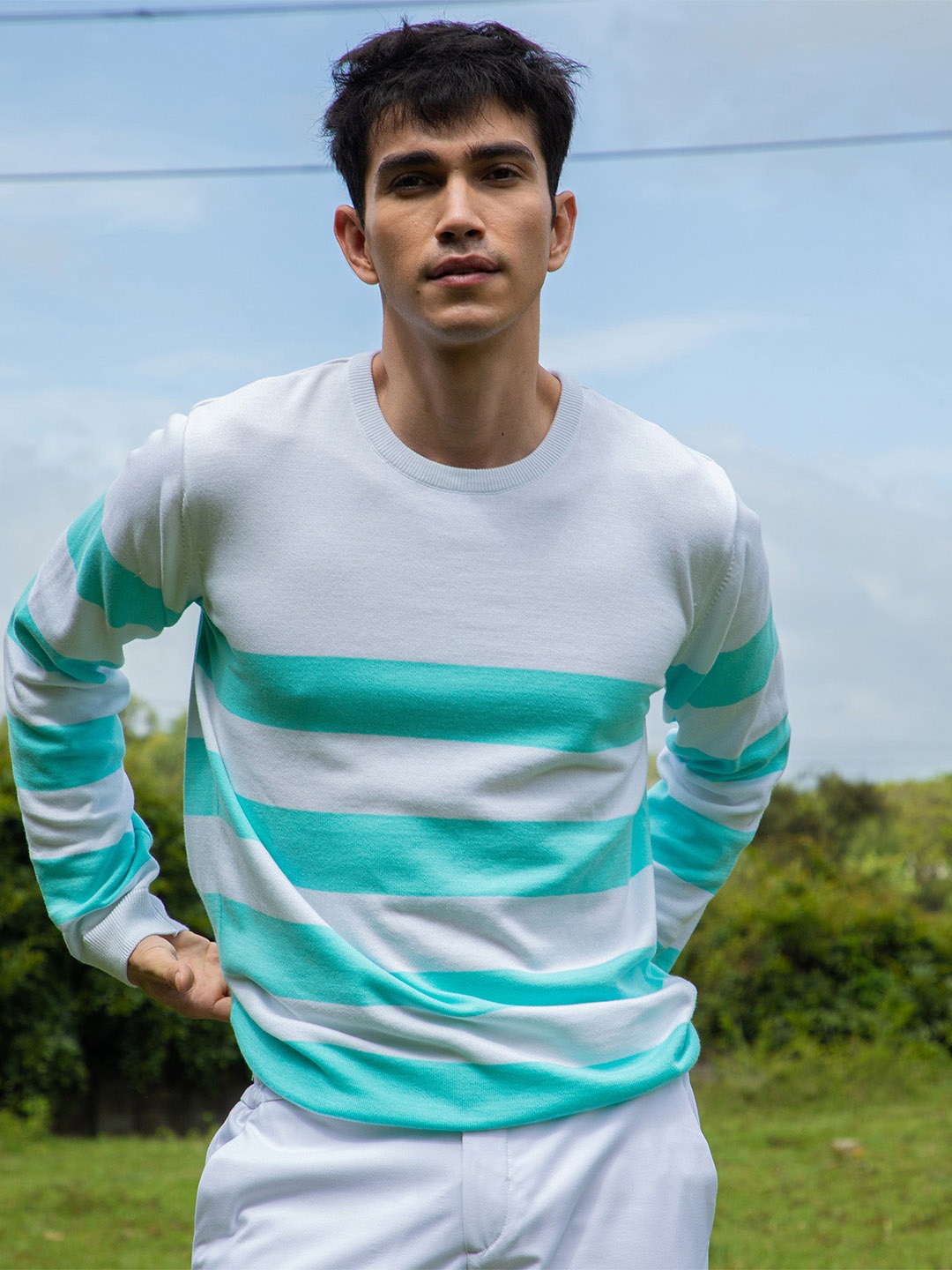 

RARE RABBIT Men Turquoise Blue & White Striped Pullover