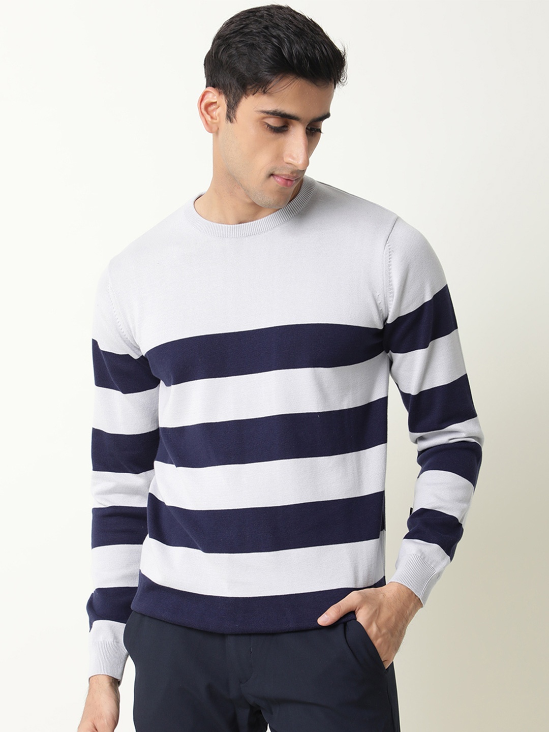

RARE RABBIT Men Marri Slim Fit Striped Sweater Vest, Navy blue