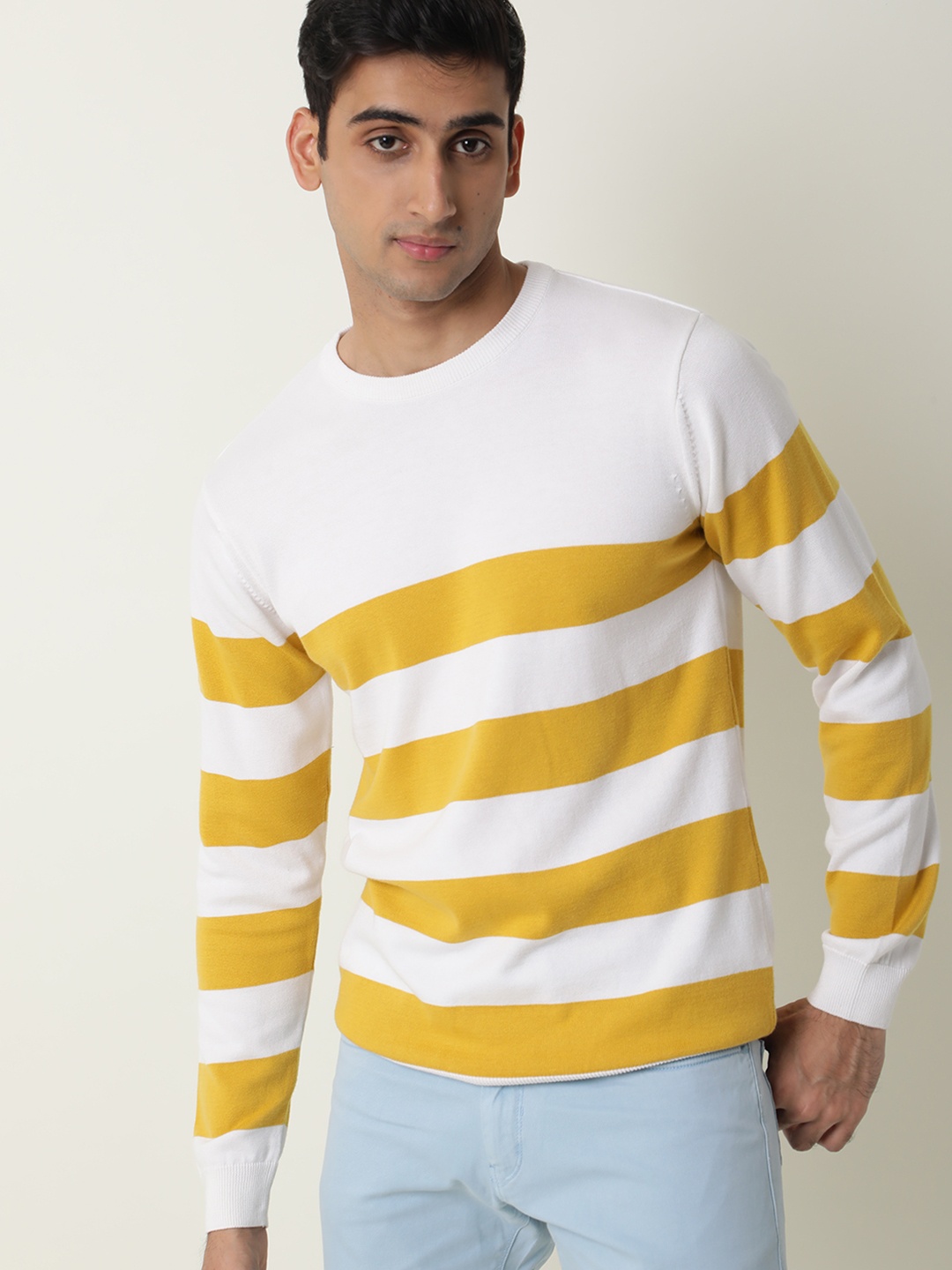 

RARE RABBIT Men Marri Slim Fit White Striped Sweater, Yellow