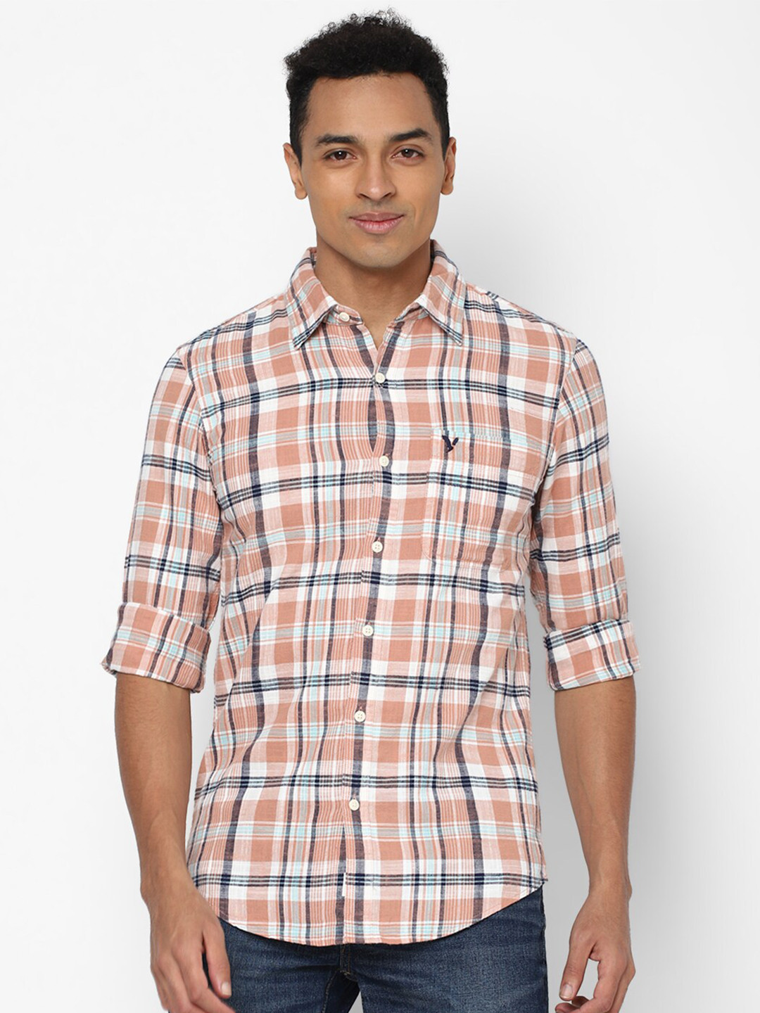 

AMERICAN EAGLE OUTFITTERS Men Orange Regular Fit Checked Pure Cotton Casual Shirt