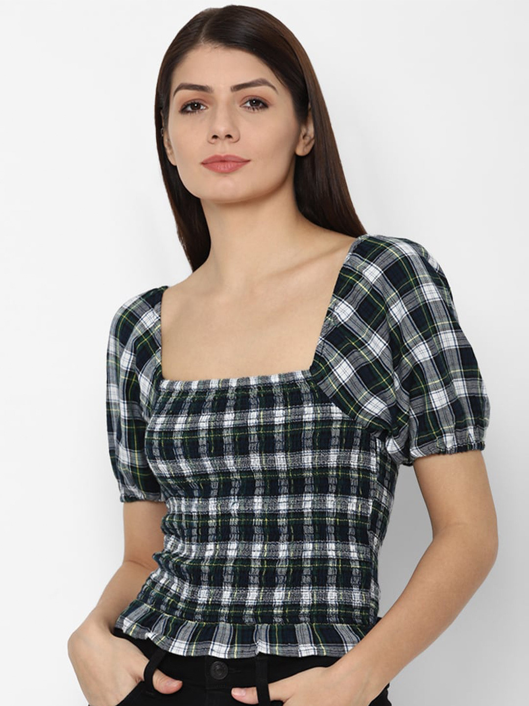 

AMERICAN EAGLE OUTFITTERS Navy Blue & White Checked Pure Cotton Smocked Top