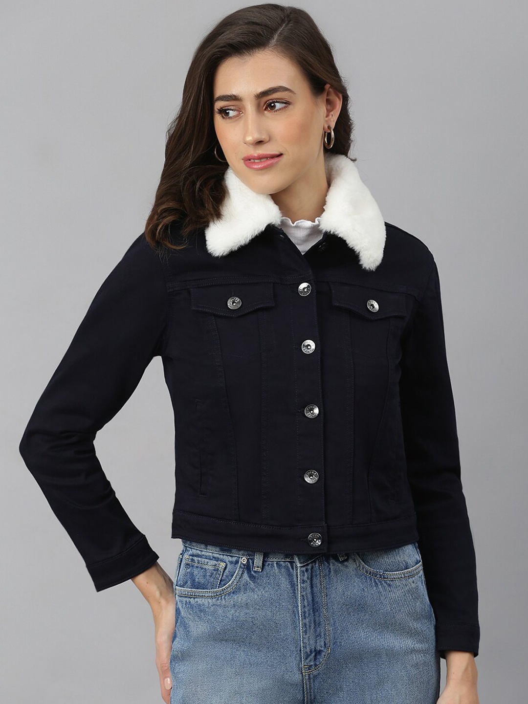 

Xpose Women Navy Blue french middle red purple Washed Denim Jacket