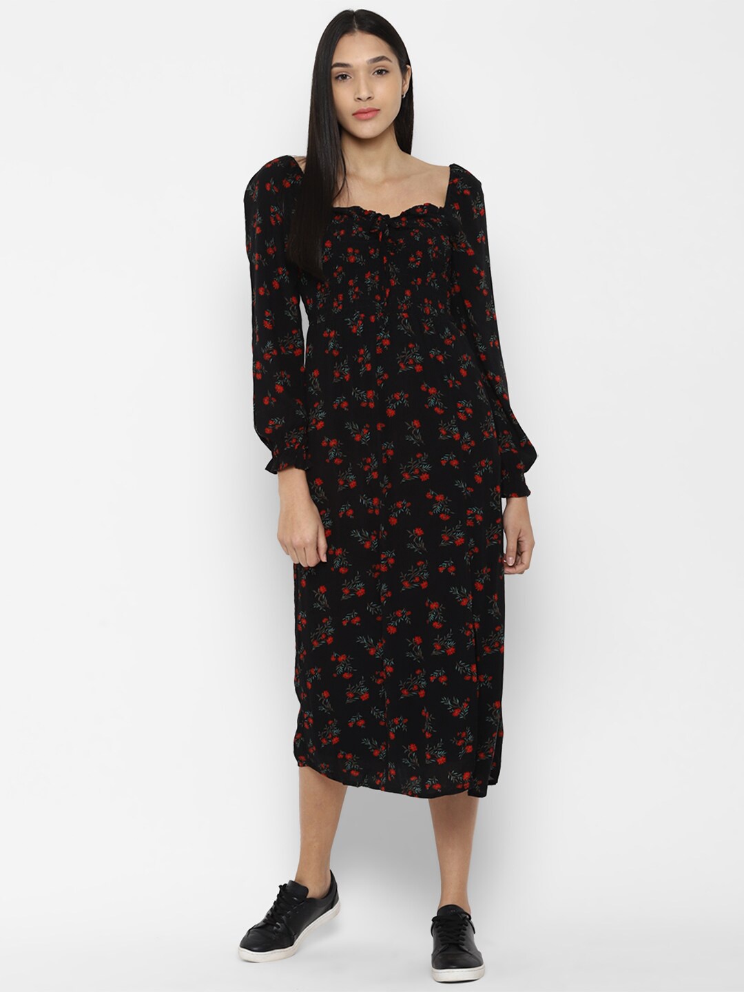 

AMERICAN EAGLE OUTFITTERS Black Floral A-Line Midi Dress
