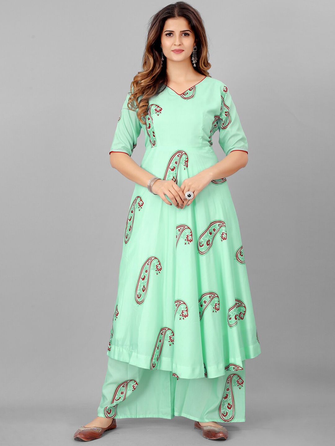 

SHOPGARB Women Sea Green Paisley Printed Flared Kurta with Palazzos