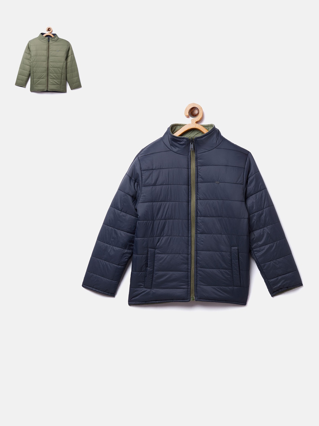 

Okane Boys Olive Green & Navy Blue Solid Reversible Padded Jacket