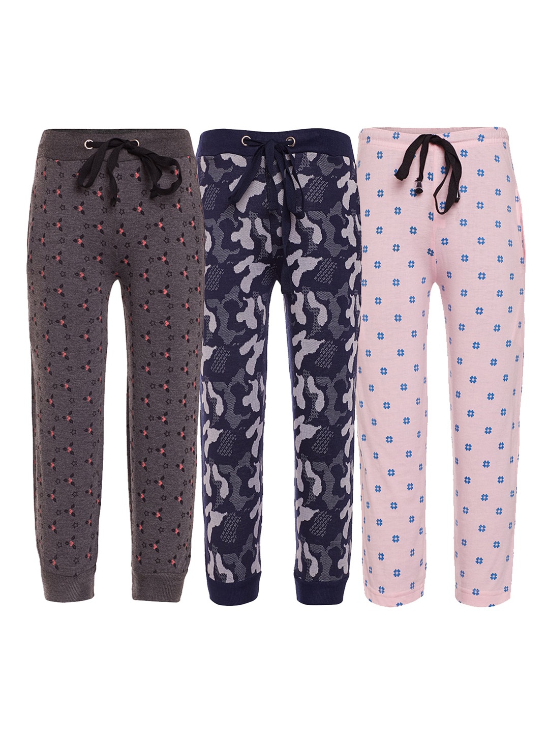 

VIMAL JONNEY Kids Pack Of 3 Grey & Pink Printed Cotton Trackpants, Navy blue