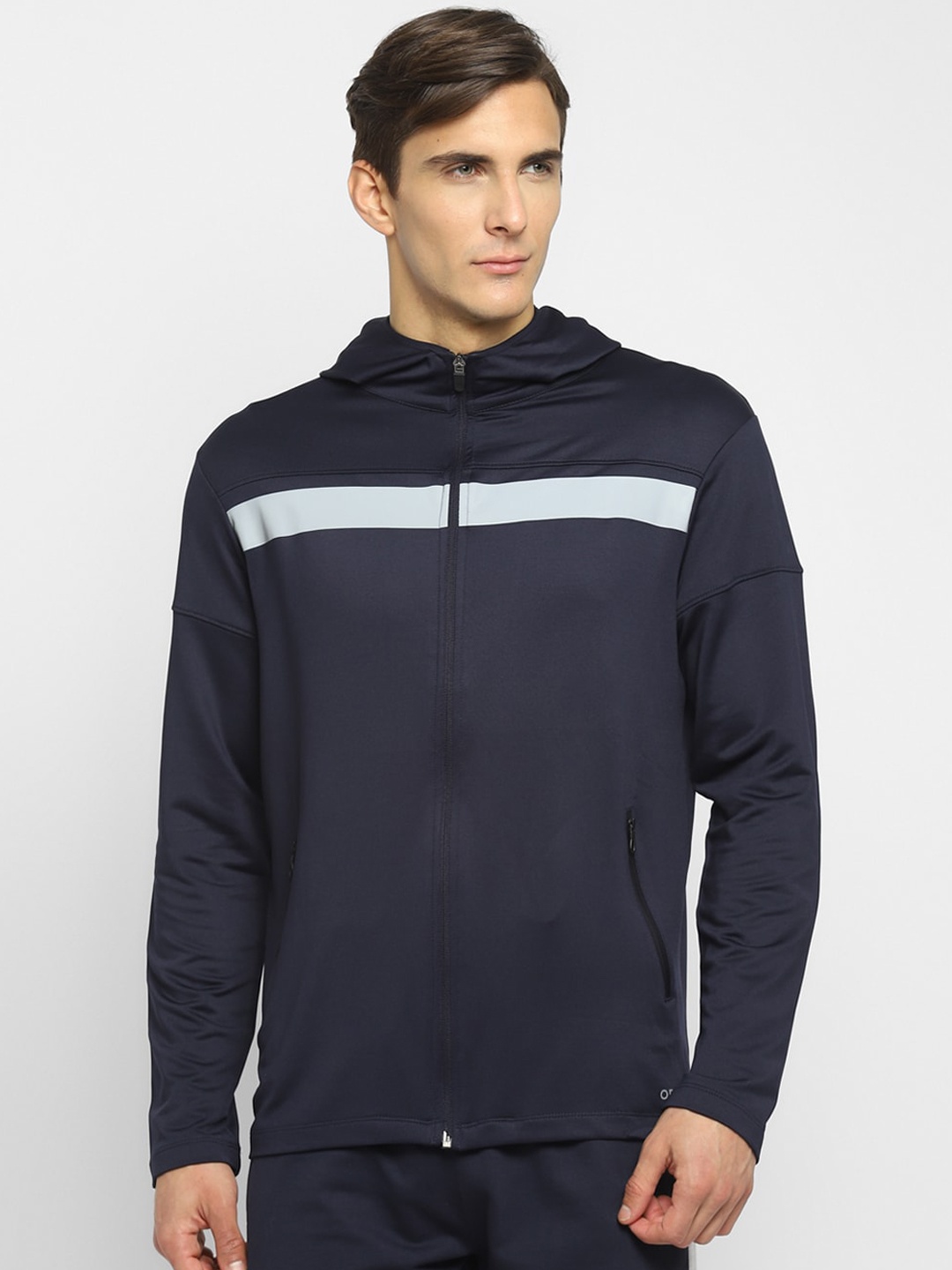 

OFF LIMITS Men Navy Blue Striped Training or Gym Sporty Jacket