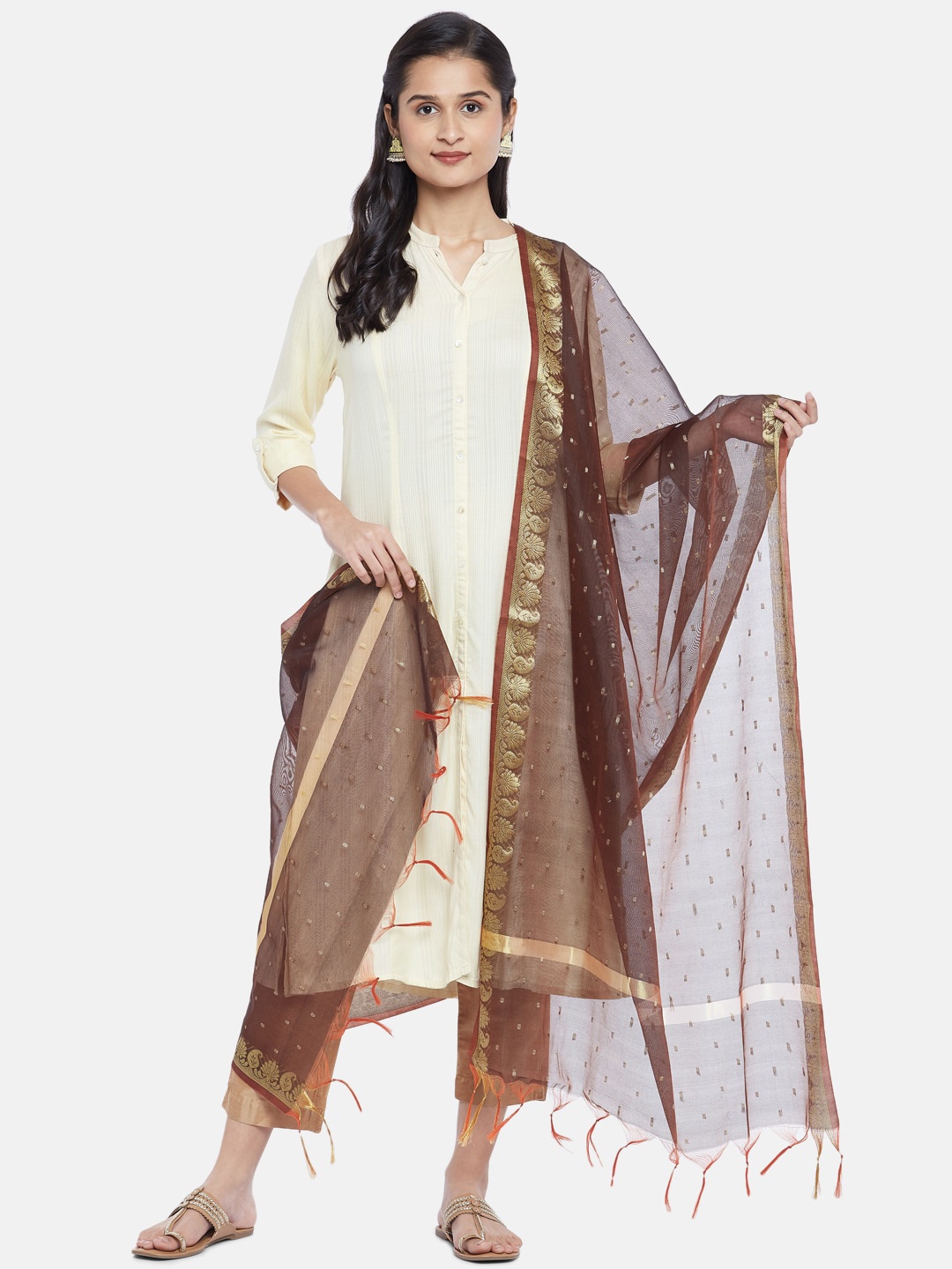 

RANGMANCH BY PANTALOONS Brown & Gold-Toned Woven Design Dupatta