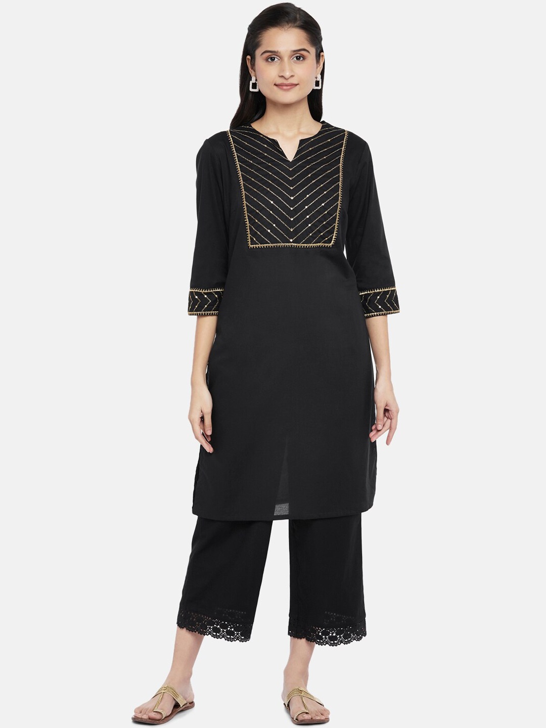 

RANGMANCH BY PANTALOONS Women Black Ethnic Motifs Yoke Design Pure Cotton Kurta