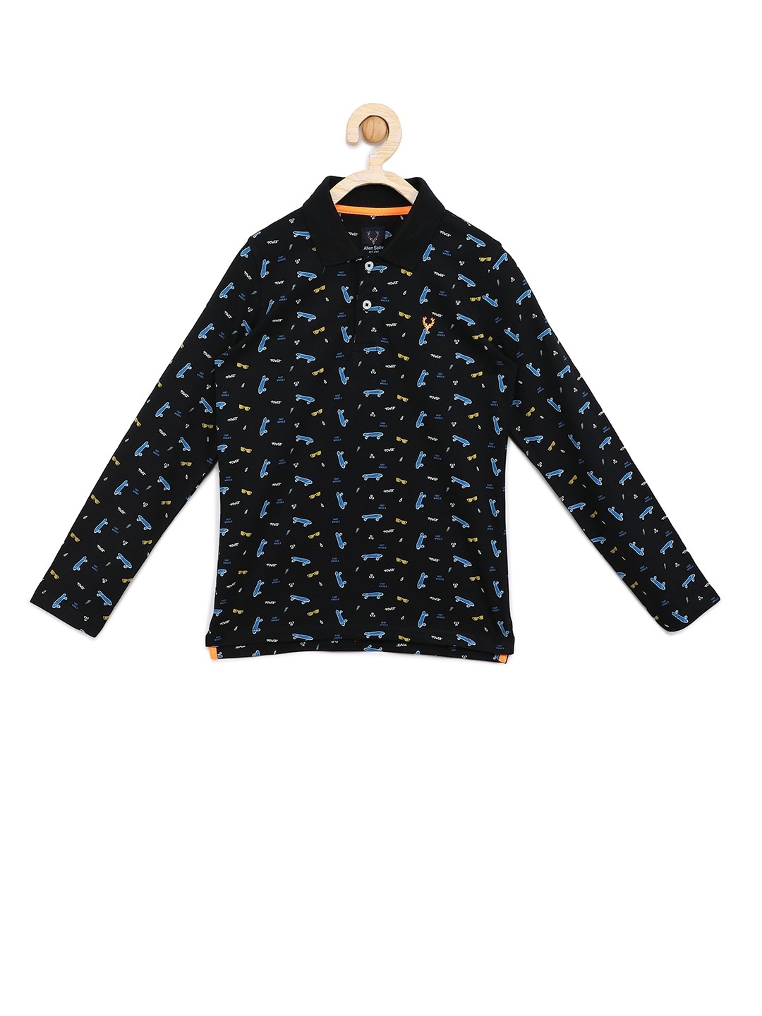 

Allen Solly Junior Boys Black & Blue Printed Polo Collar Pure Cotton T-shirt
