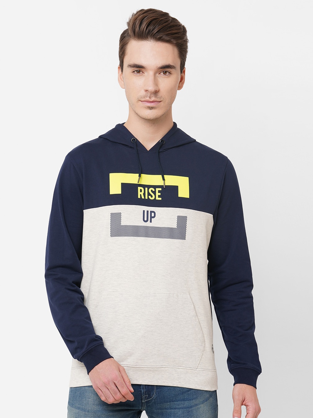 

Pepe Jeans Men Grey & Navy Blue Printed Hooded Sweatshirt