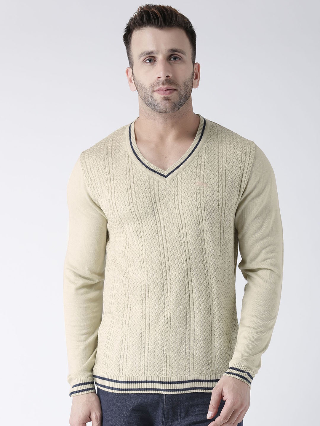 

JUMP USA Men Beige & Navy Blue Cable Knit Acrylic Pullover