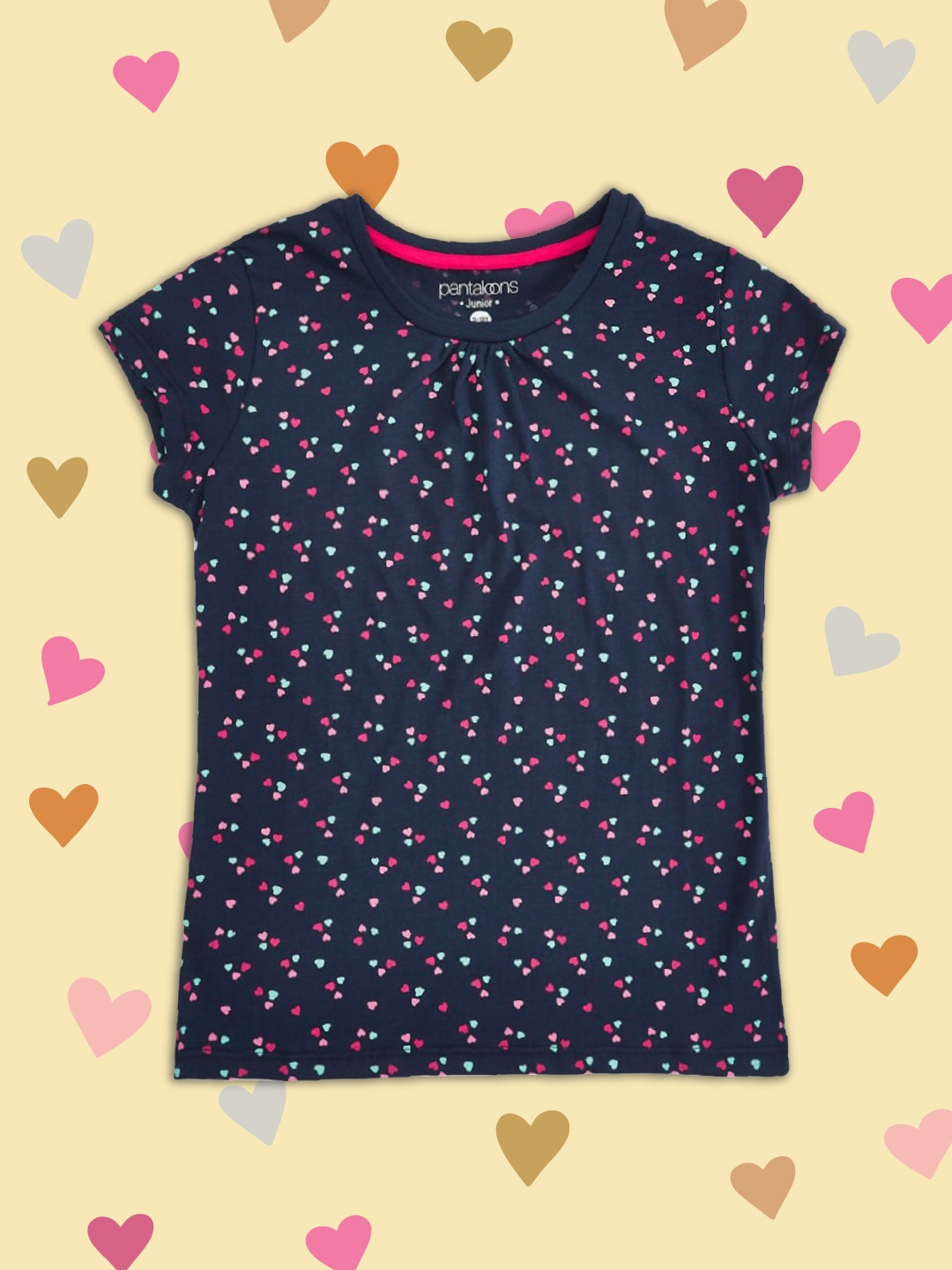 

Pantaloons Junior Girls Navy Blue & Pink Printed Round Neck Pure Cotton T-shirt